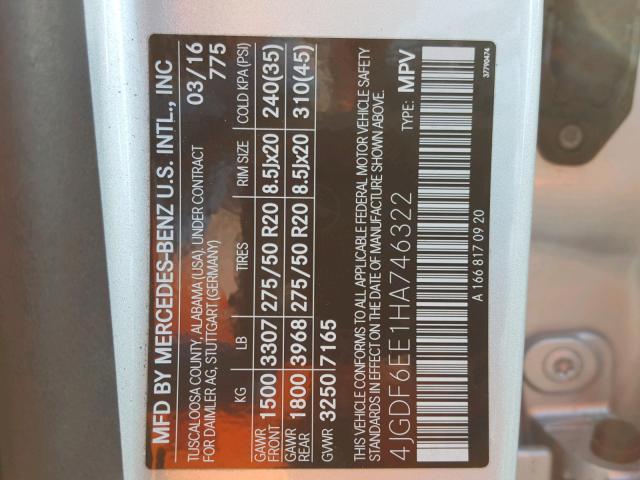 4JGDF6EE1HA746322 - 2017 MERCEDES-BENZ GLS 450 4M SILVER photo 10