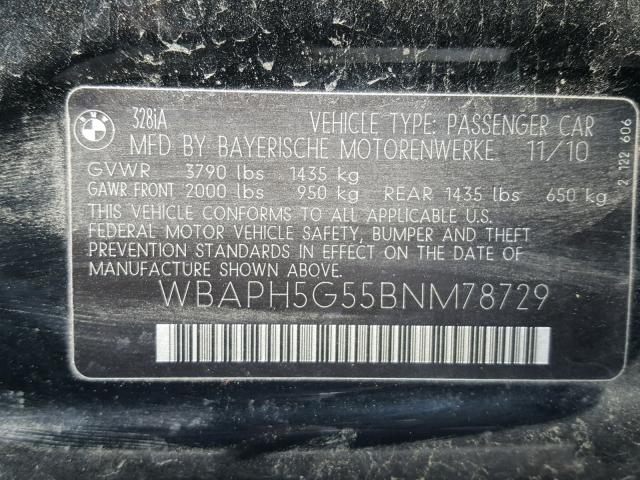 WBAPH5G55BNM78729 - 2011 BMW 328 I SULE BLACK photo 10