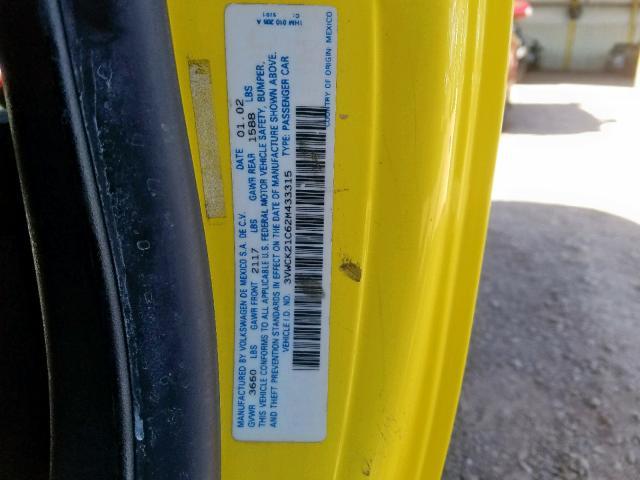 3VWCK21C62M433315 - 2002 VOLKSWAGEN NEW BEETLE 黄色 照片 10