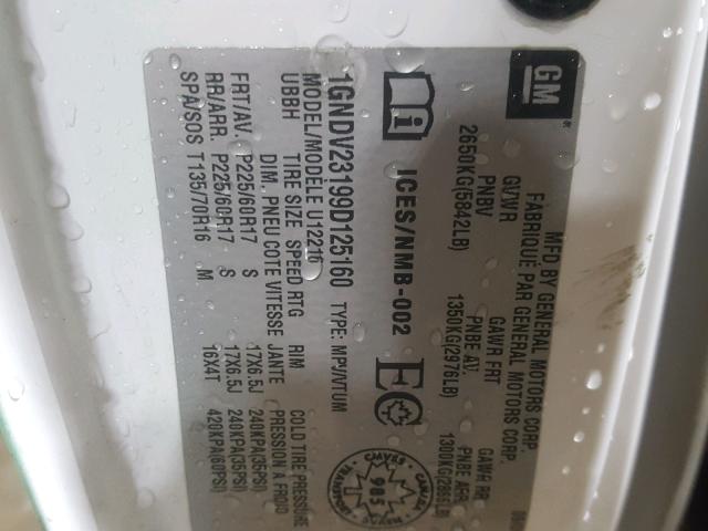 1GNDV23199D125160 - 2009 CHEVROLET UPLANDER L Ağ foto 10