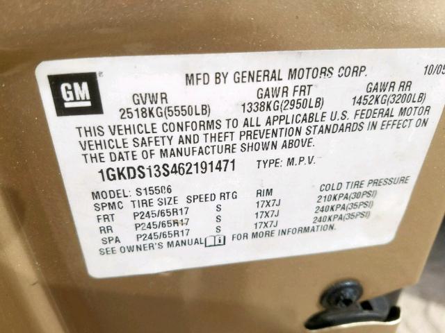 1GKDS13S462191471 - 2006 GMC ENVOY GOLD photo 10