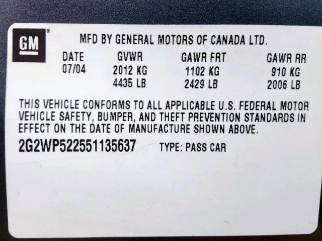 2G2WP522551135637 - 2005 PONTIAC GRAND PRIX GRAY photo 10