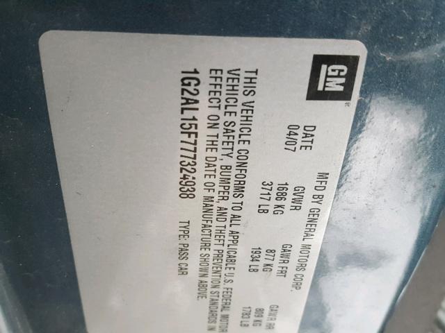 1G2AL15F777324938 - 2007 PONTIAC G5 BLUE photo 10