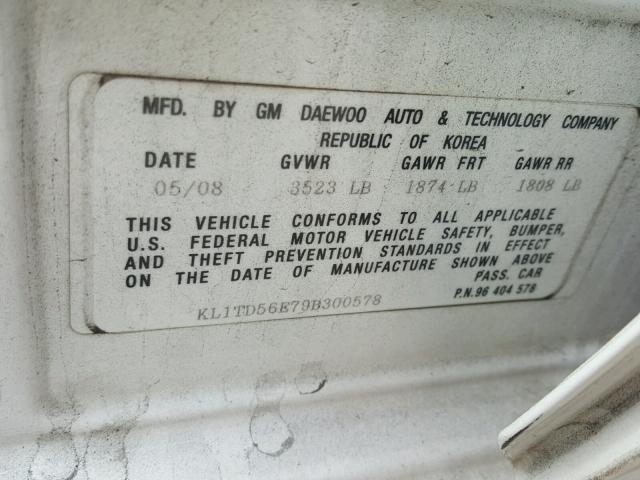 KL1TD56E79B300578 - 2009 CHEVROLET AVEO LS WHITE photo 10