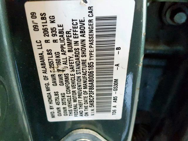 5KBCP3F86AB006185 - 2010 HONDA ACCORD EXL GREEN photo 10