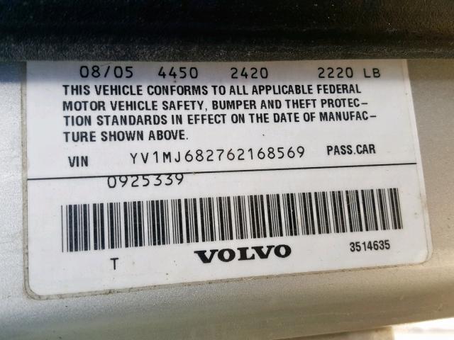 YV1MJ682762168569 - 2006 VOLVO V50 T5 SILVER photo 10