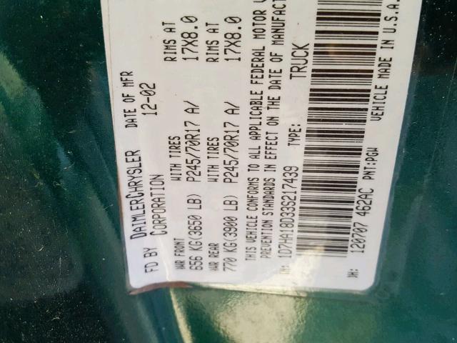 1D7HA18D33S217439 - 2003 DODGE RAM 1500 S GREEN photo 10