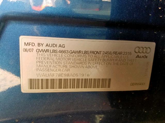 WAUAF78E98A051916 - 2008 AUDI A4 2.0T BLUE photo 10