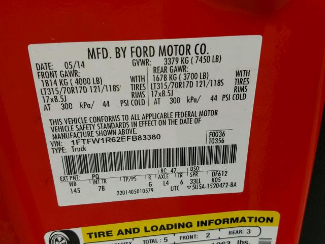 1FTFW1R62EFB83380 - 2014 FORD F150 SVT R RED photo 10