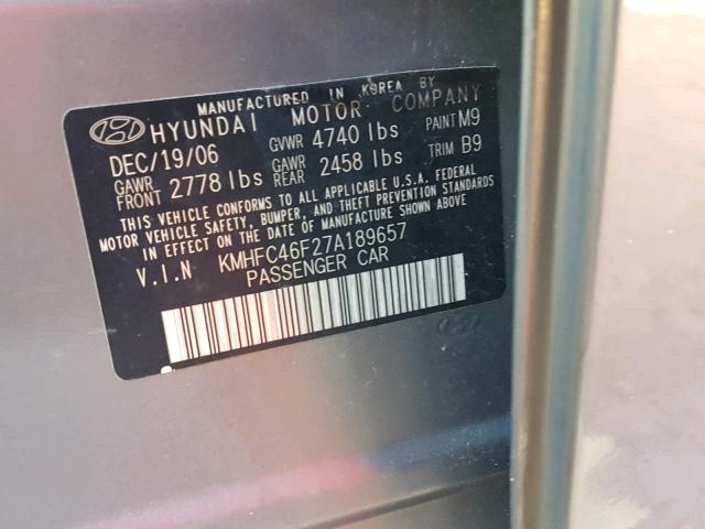 KMHFC46F27A189657 - 2007 HYUNDAI AZERA SE GRAY photo 10