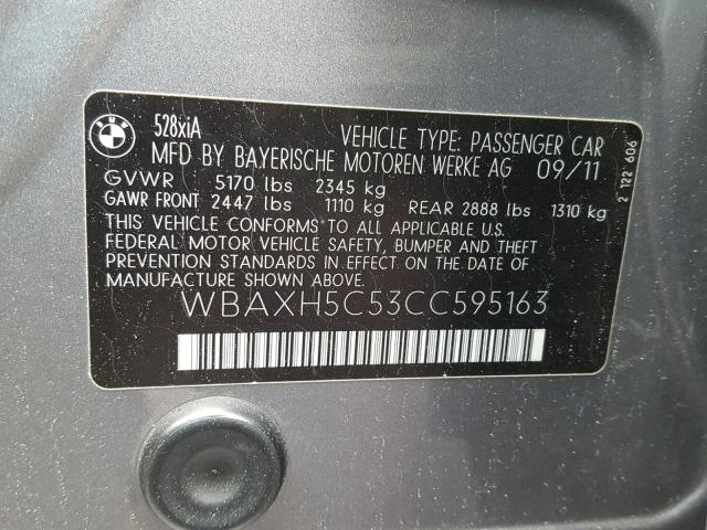 WBAXH5C53CC595163 - 2012 BMW 528 XI GRAY photo 10