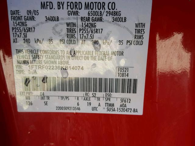 1FTRF02236KB14074 - 2006 FORD F150 RED photo 10