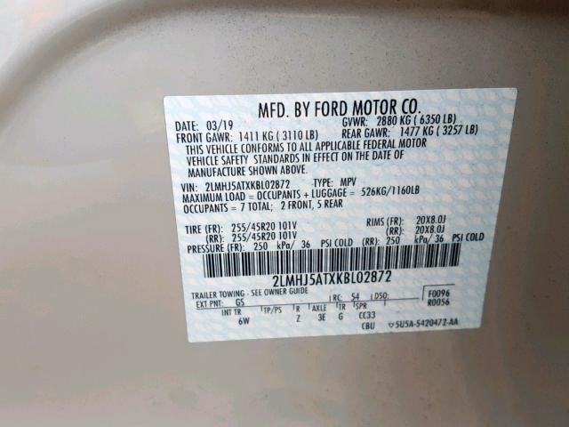 2LMHJ5ATXKBL02872 - 2019 LINCOLN MKT CREAM photo 10