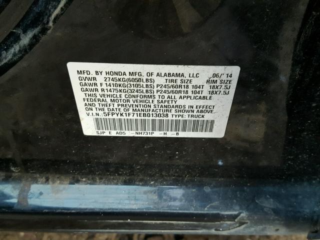 5FPYK1F71EB013038 - 2014 HONDA RIDGELINE BLACK photo 10