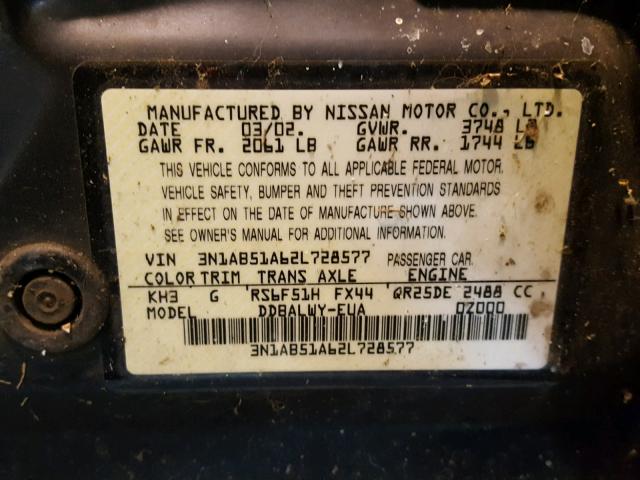 3N1AB51A62L728577 - 2002 NISSAN SENTRA SE- BLACK photo 10