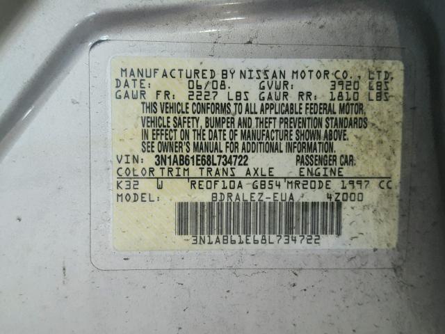 3N1AB61E68L734722 - 2008 NISSAN SENTRA 2.0 GOLD photo 10