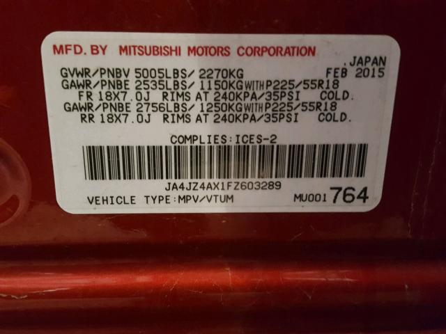 JA4JZ4AX1FZ603289 - 2015 MITSUBISHI OUTLANDER RED photo 10