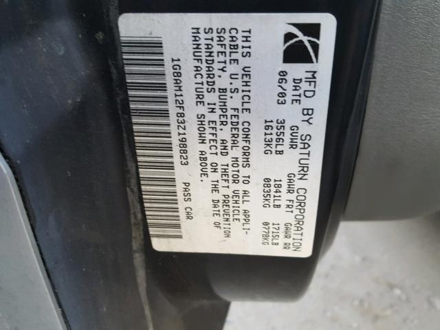 1G8AM12F83Z198823 - 2003 SATURN ION LEVEL SILVER photo 10