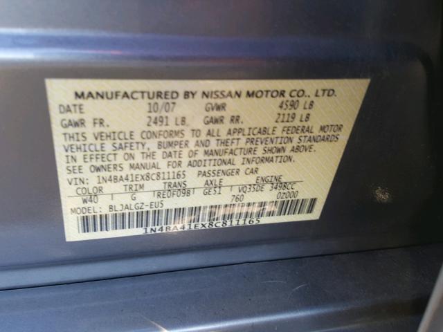 1N4BA41EX8C811165 - 2008 NISSAN MAXIMA SE CHARCOAL photo 10