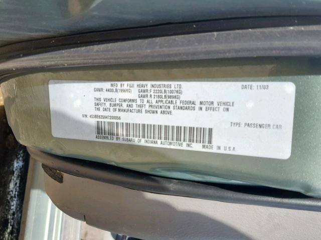 4S3BE625947208056 - 2004 SUBARU LEGACY L S GRAY photo 10