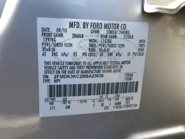 2FMDK3KC2BBA23636 - 2011 FORD EDGE LIMIT SILVER photo 10