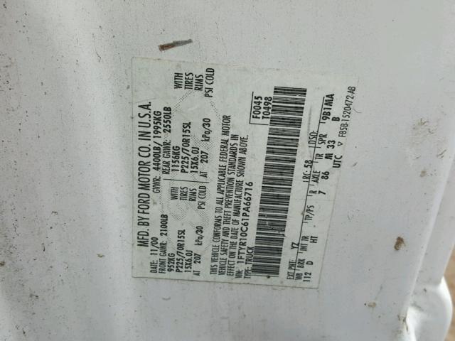 1FTYR10C61PA66716 - 2001 FORD RANGER WHITE photo 10