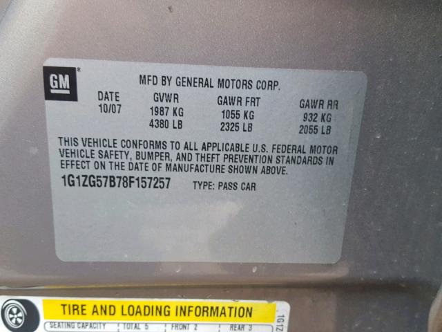 1G1ZG57B78F157257 - 2008 CHEVROLET MALIBU LS ყავისფერი ფოტო 10