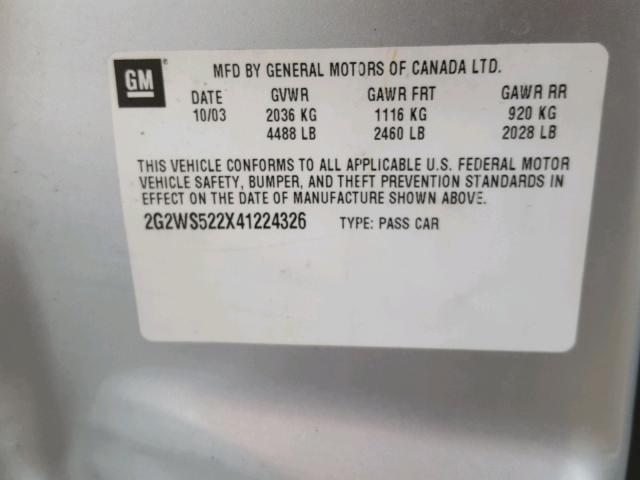 2G2WS522X41224326 - 2004 PONTIAC GRAND PRIX SILVER photo 10