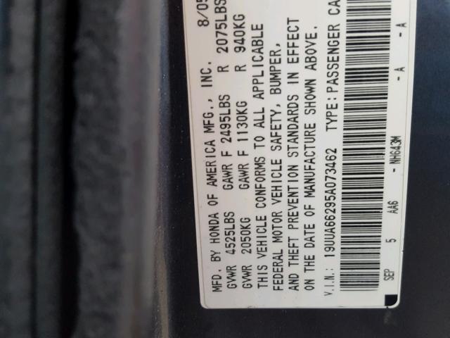 19UUA66295A073462 - 2005 ACURA TL GRAY photo 10