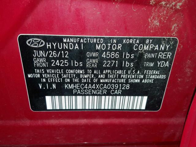 KMHEC4A4XCA039128 - 2012 HYUNDAI SONATA HYB RED photo 10