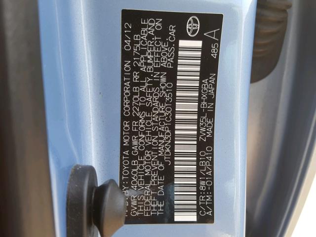 JTDKN3DP1C3013510 - 2012 TOYOTA PRIUS PLUG BLUE photo 10