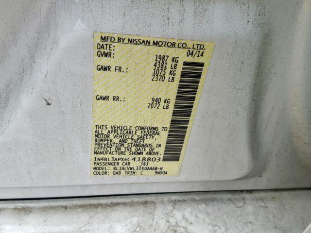 1N4BL3APXEC418803 - 2014 NISSAN ALTIMA 3.5 WHITE photo 10