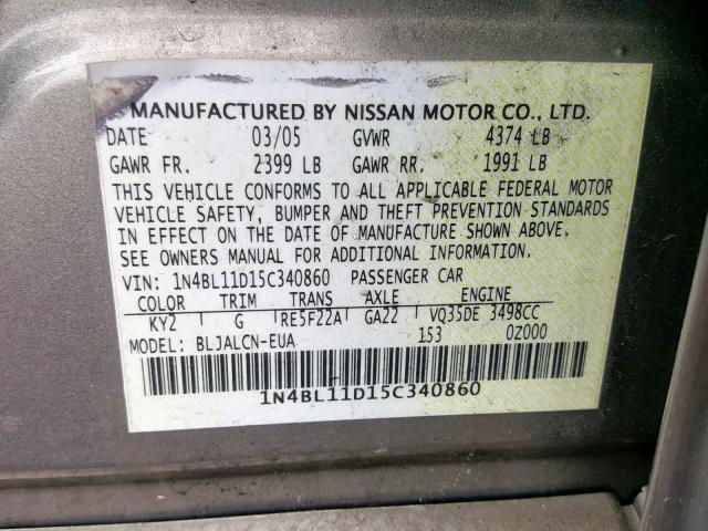 1N4BL11D15C340860 - 2005 NISSAN ALTIMA SE BROWN photo 10