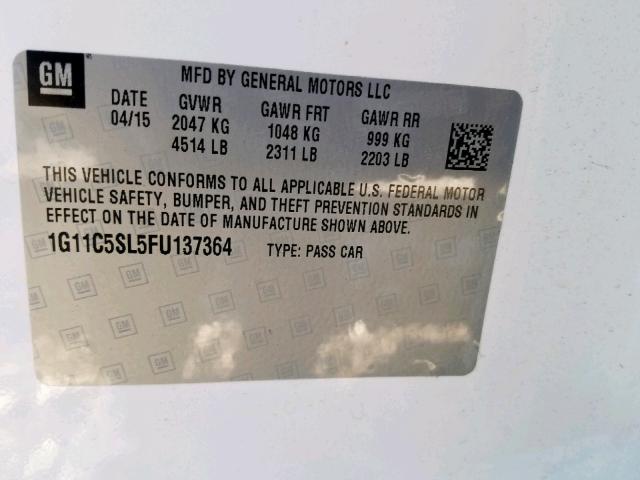 1G11C5SL5FU137364 - 2015 CHEVROLET MALIBU 1LT 白色 照片 10