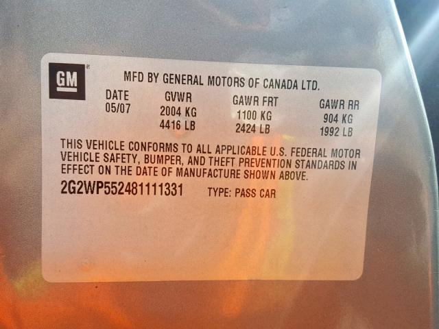 2G2WP552481111331 - 2008 PONTIAC GRAND PRIX Մոխրագույն լուսանկար 10