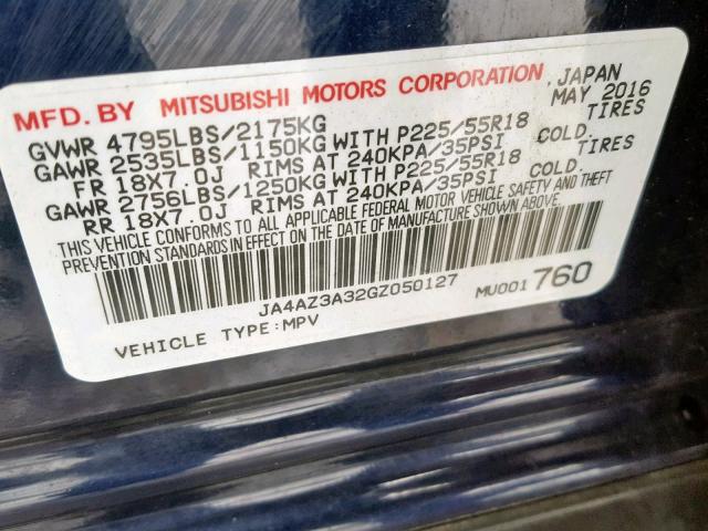 JA4AZ3A32GZ050127 - 2016 MITSUBISHI OUTLANDER BLUE photo 10