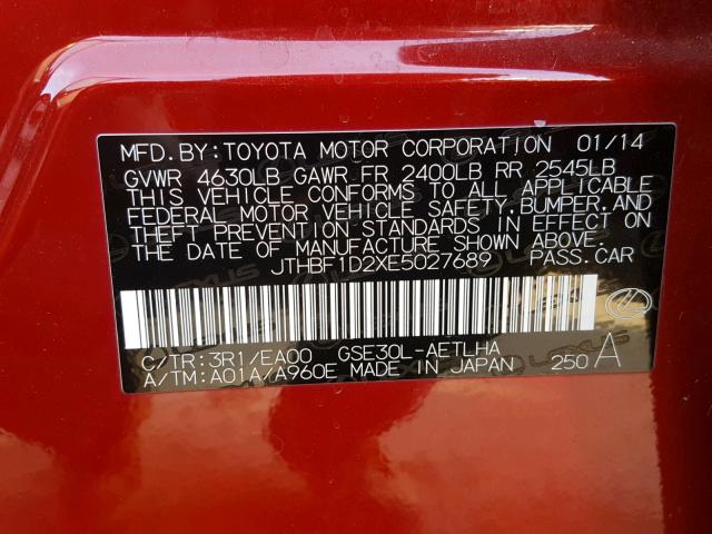 JTHBF1D2XE5027689 - 2014 LEXUS IS 250 RED photo 10