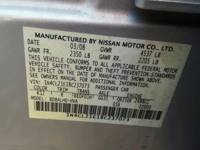 1N4CL21E18C237073 - 2008 NISSAN ALTIMA HYB SILVER photo 10