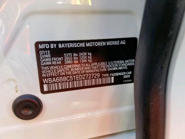 WBA6B8C51EDZ72729 - 2014 BMW 640 XI GRA WHITE photo 10