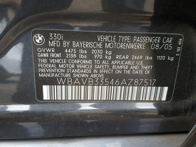 WBAVB33546AZ87517 - 2006 BMW 330 I GRAY photo 10