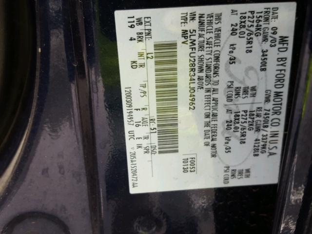 5LMFU28R34LJ04962 - 2004 LINCOLN NAVIGATOR 蓝色 照片 10