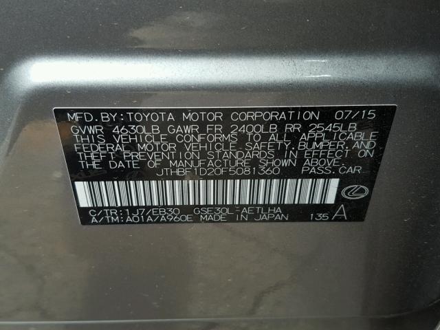 JTHBF1D20F5081360 - 2015 LEXUS IS 250 SILVER photo 10