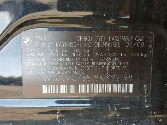 WBAVC73518KX92198 - 2008 BMW 328 XI SUL BLACK photo 10