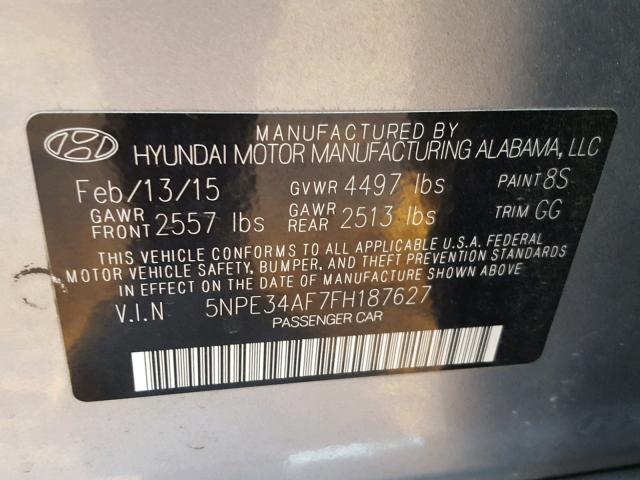 5NPE34AF7FH187627 - 2015 HYUNDAI SONATA SPO SILVER photo 10