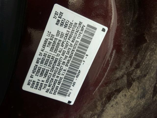 5FNRL38247B107313 - 2007 HONDA ODYSSEY LX BURGUNDY photo 10