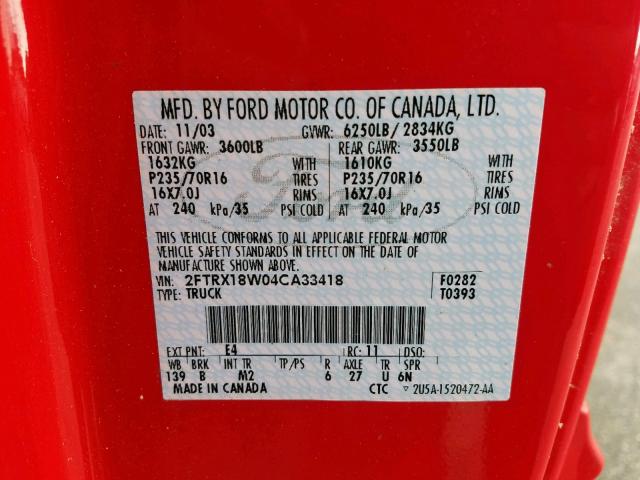 2FTRX18W04CA33418 - 2004 FORD F-150 HERI RED photo 10