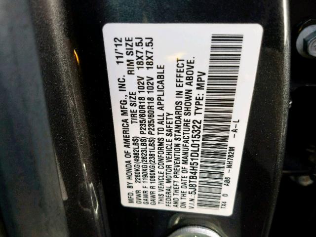 5J8TB4H51DL015322 - 2013 ACURA RDX TECHNO BLACK photo 10