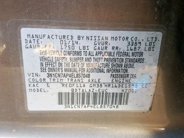 3N1CN7AP4EL857048 - 2014 NISSAN VERSA S GRAY photo 10