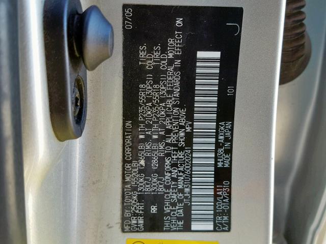 JTJHW31U760020241 - 2006 LEXUS RX 400 SILVER photo 10