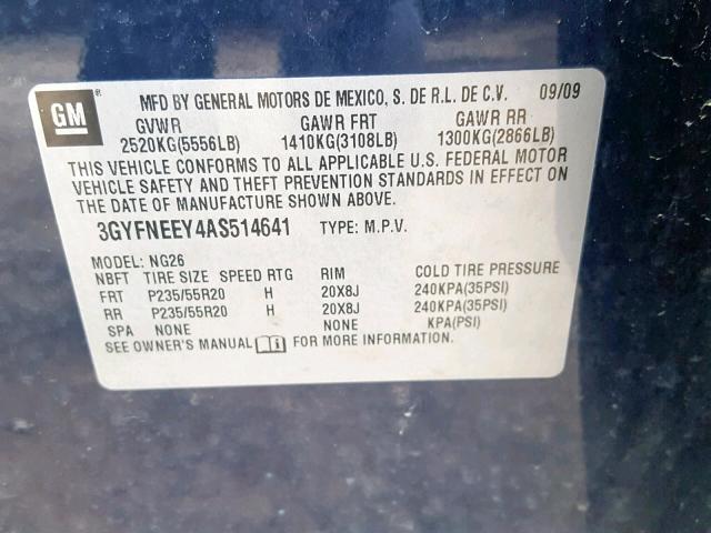 3GYFNEEY4AS514641 - 2010 CADILLAC SRX PERFOR BLUE photo 10